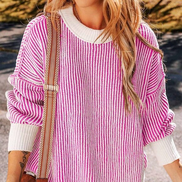Hot Pink Casual Women's Striped Long Sleeved Round Neck Loose Pullover top - Picture 3 of 8